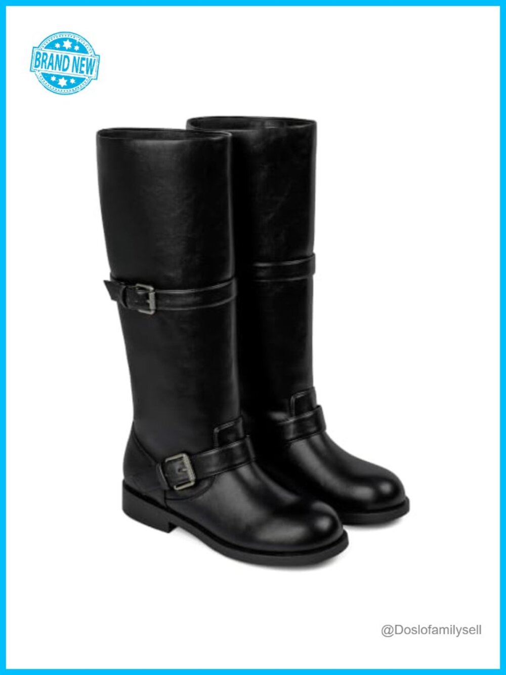 Faux Leather Knee High Riding Boots Womens Flat Block Heel Double Buckle Tall